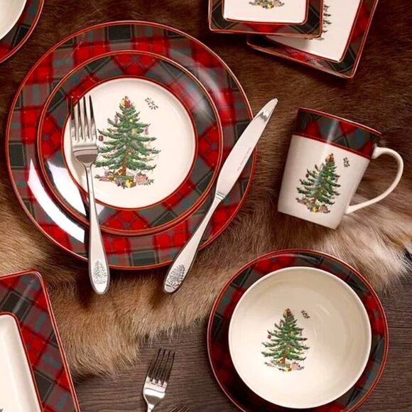 SPODE Mug Tartan Christmas Tree White Red Green Cup 8 oz - Picture 8 of 9